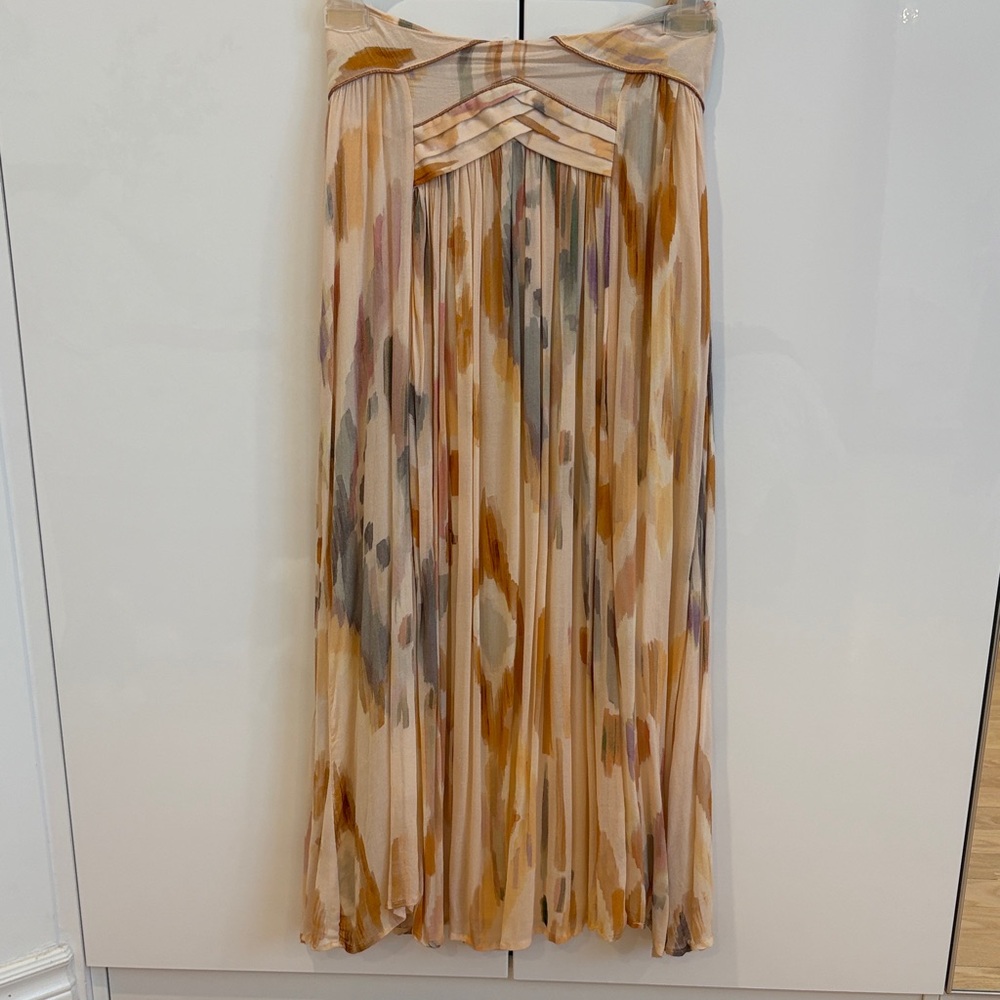 Pleated Maxi Skirt in Cream and Tan Watercolor